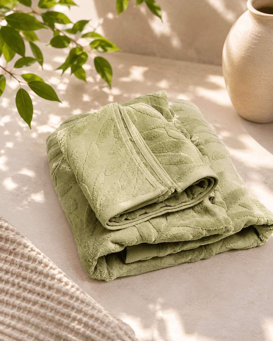 Bamboo Leaf Terry Bath and Hand Towel - Green