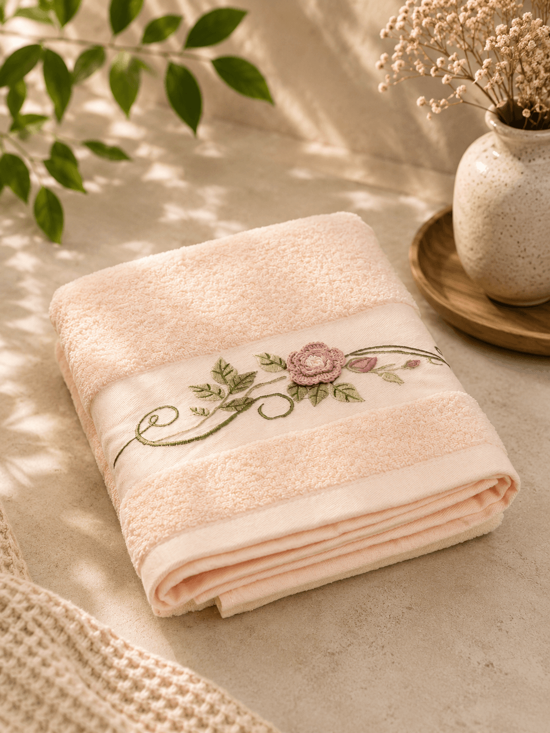 Bamboo Cotton Embroidery Pink Bath Towel