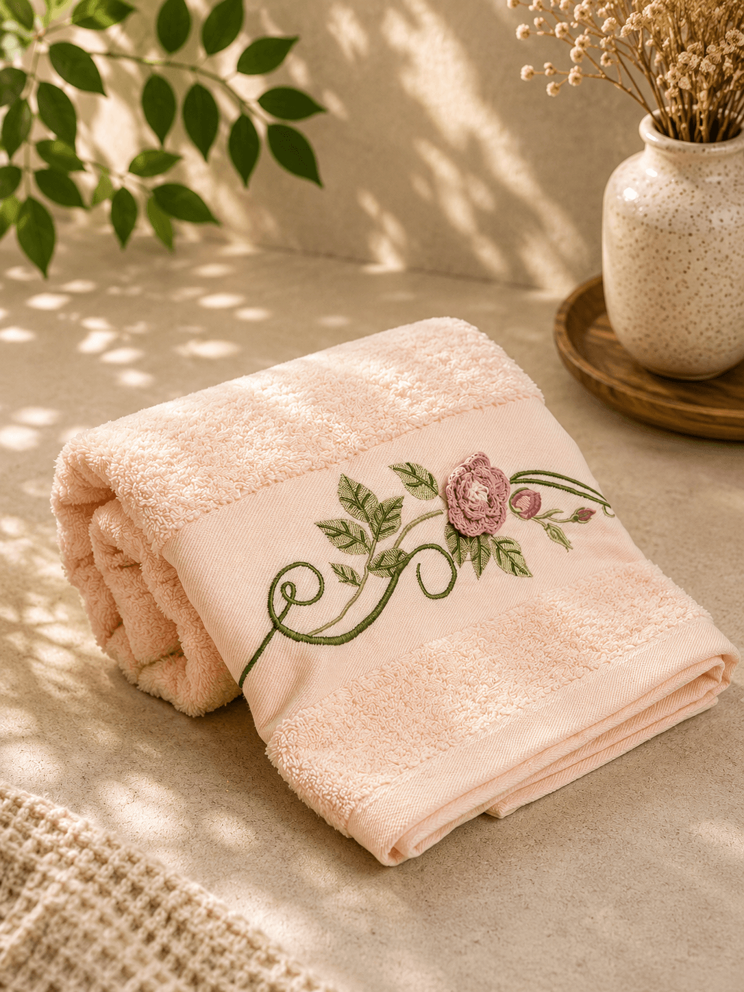 Bamboo Cotton Embroidery Pink Bath Towel