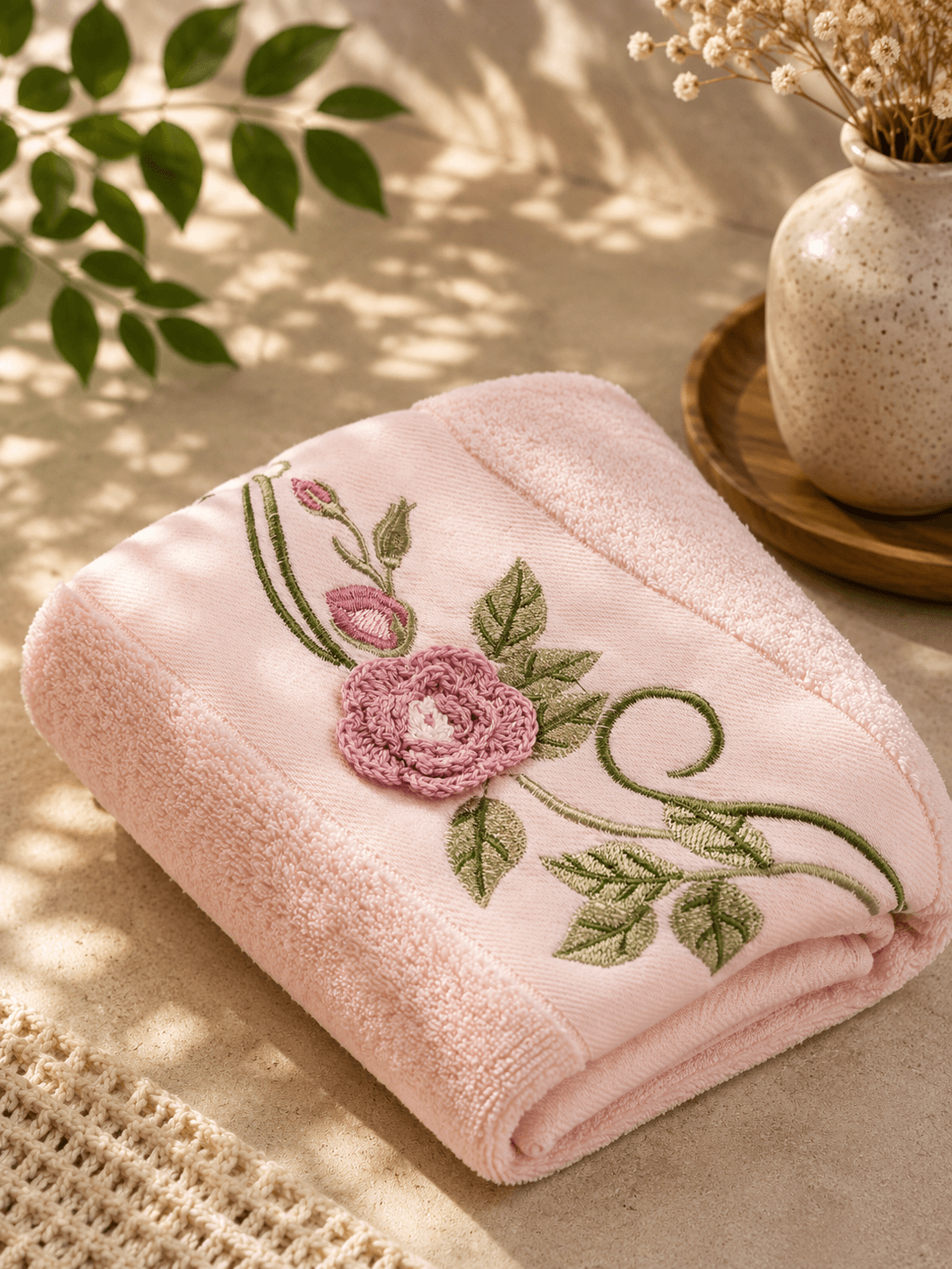 Bamboo Cotton Embroidery Pink Bath Towel