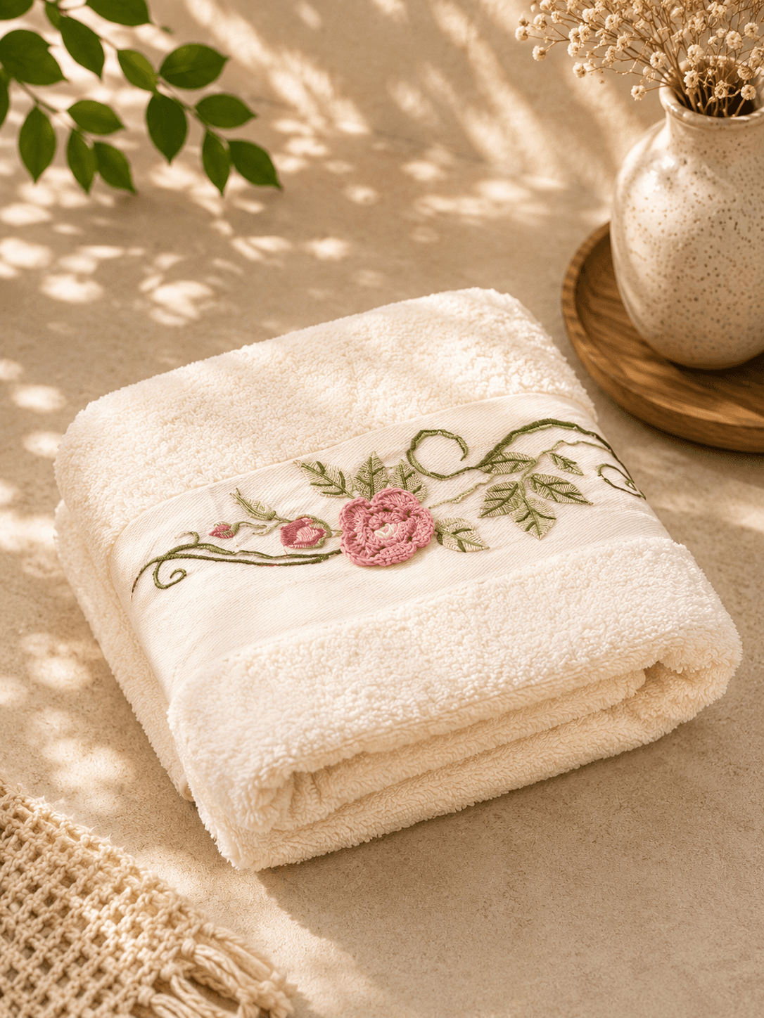 Bamboo Cotton Embroidery White Bath Towel