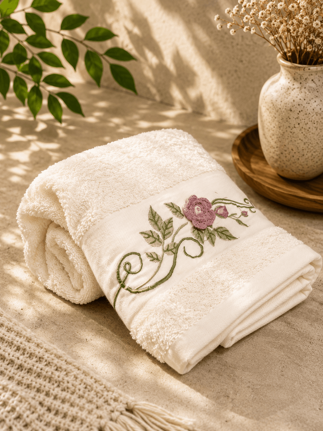 Bamboo Cotton Embroidery White Bath Towel
