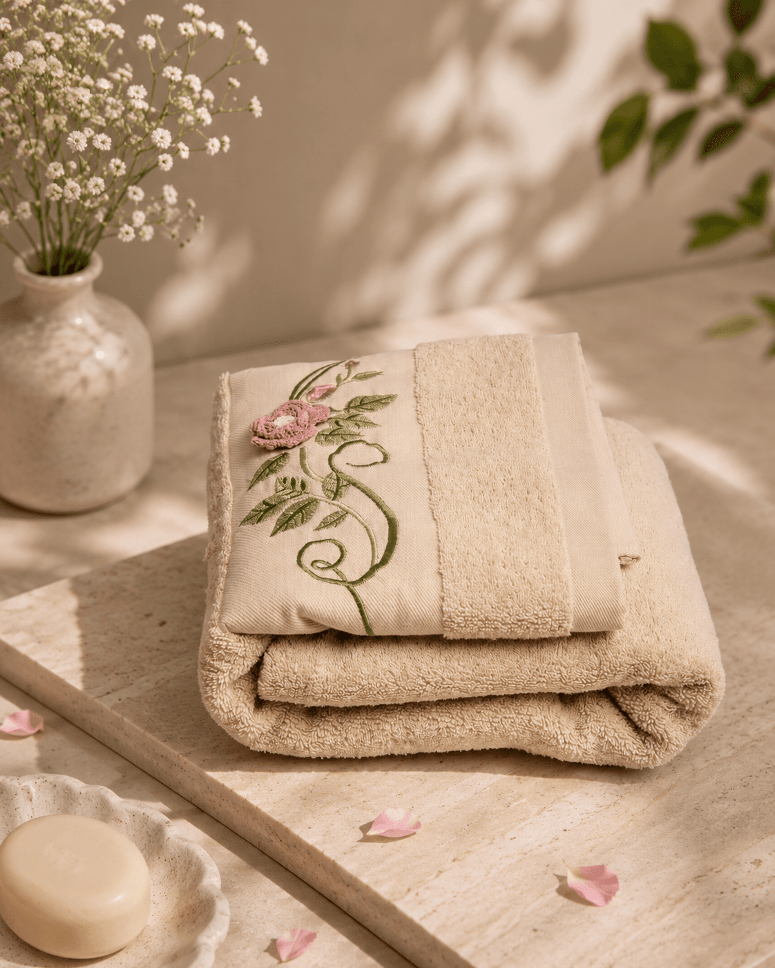 Bamboo Cotton Embroidery Beige Bath Towel