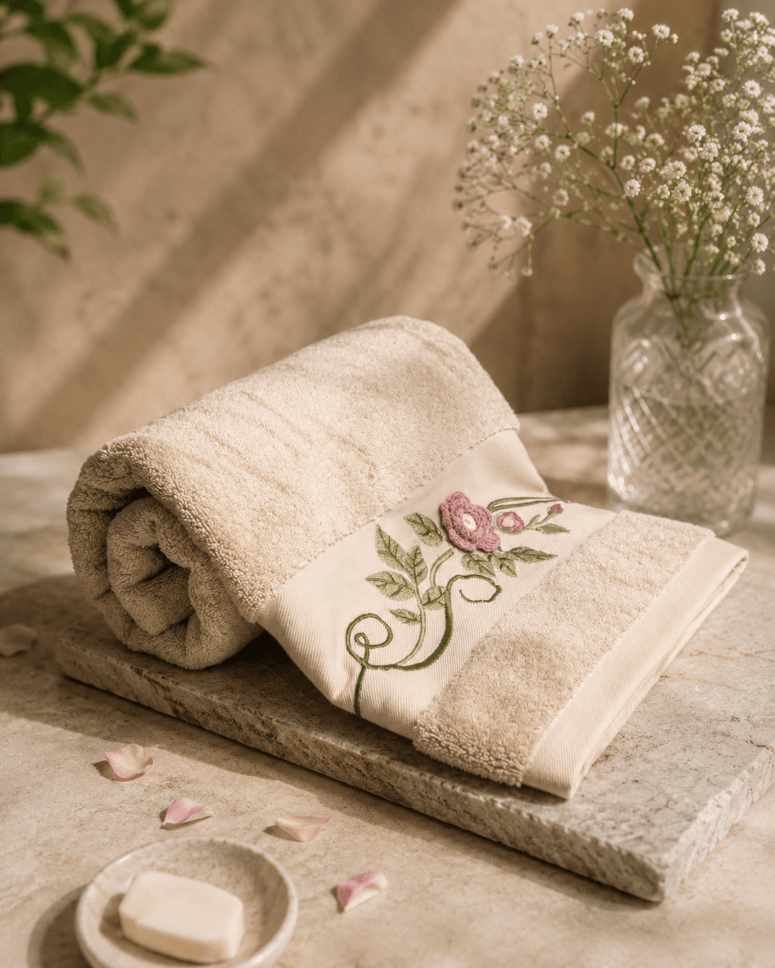 Bamboo Cotton Embroidery Beige Bath Towel