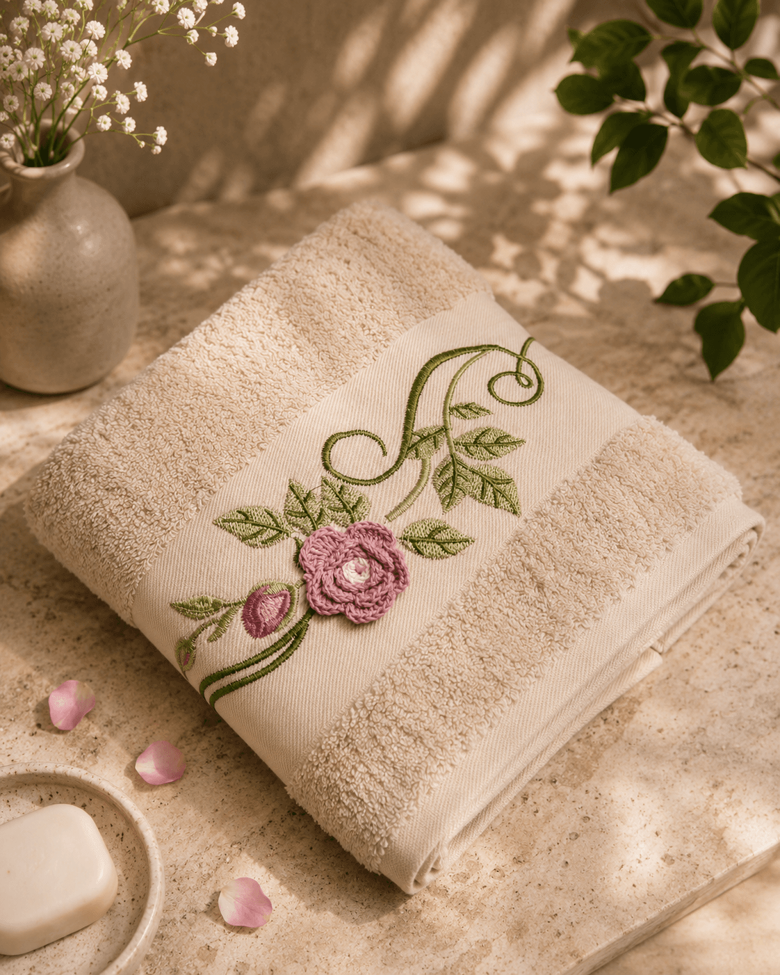 Bamboo Cotton Embroidery Beige Bath Towel