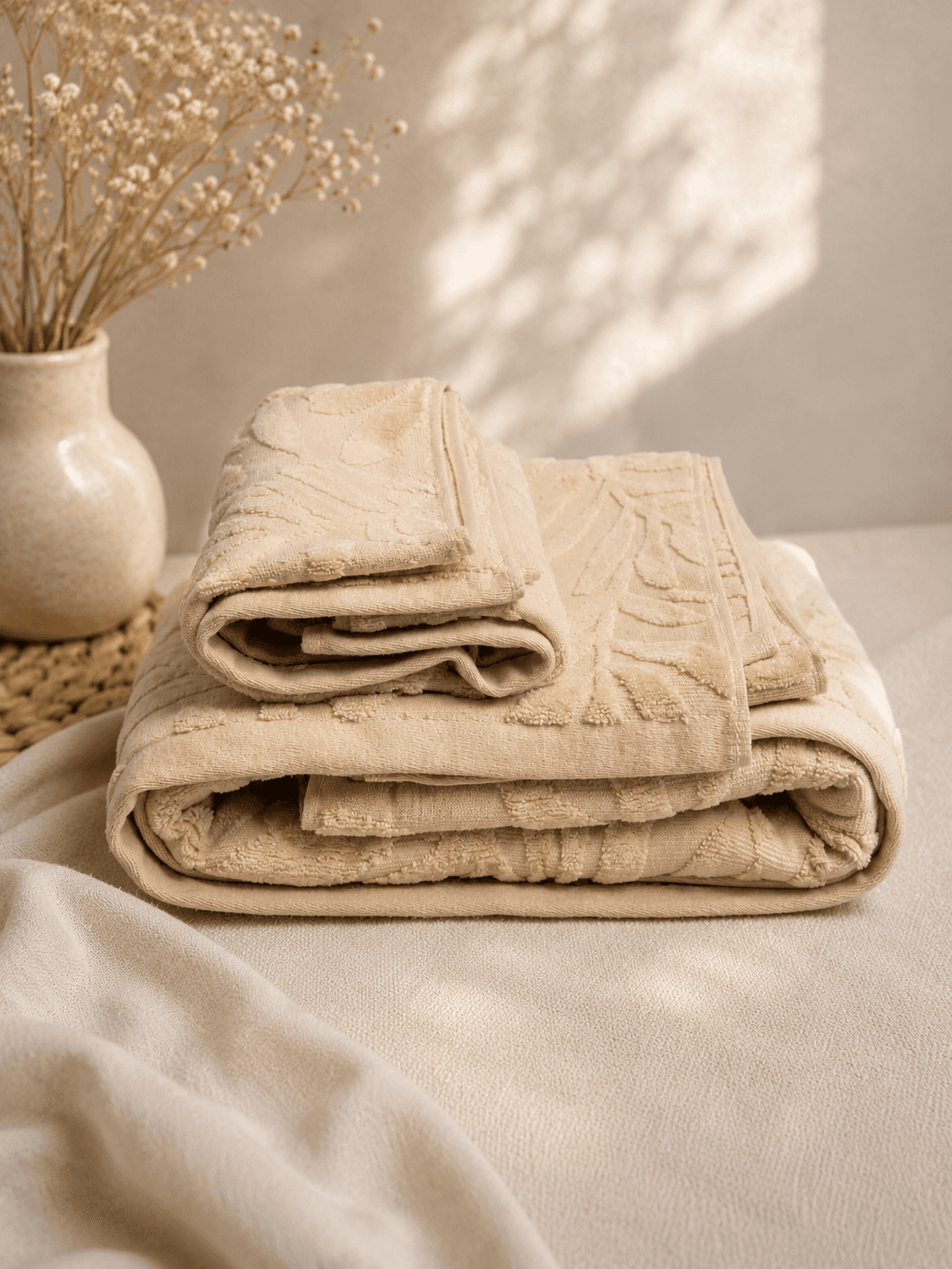 Bamboo Leaf Terry Bath and Hand Towel - Beige
