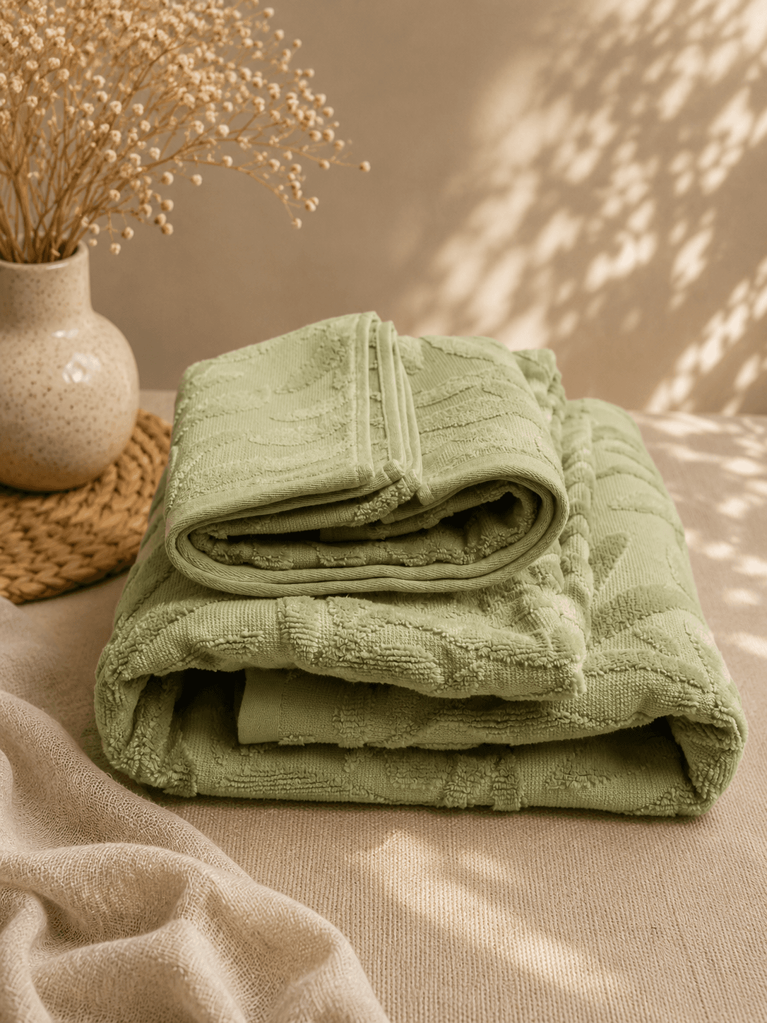 Bamboo Leaf Terry Bath and Hand Towel - Green