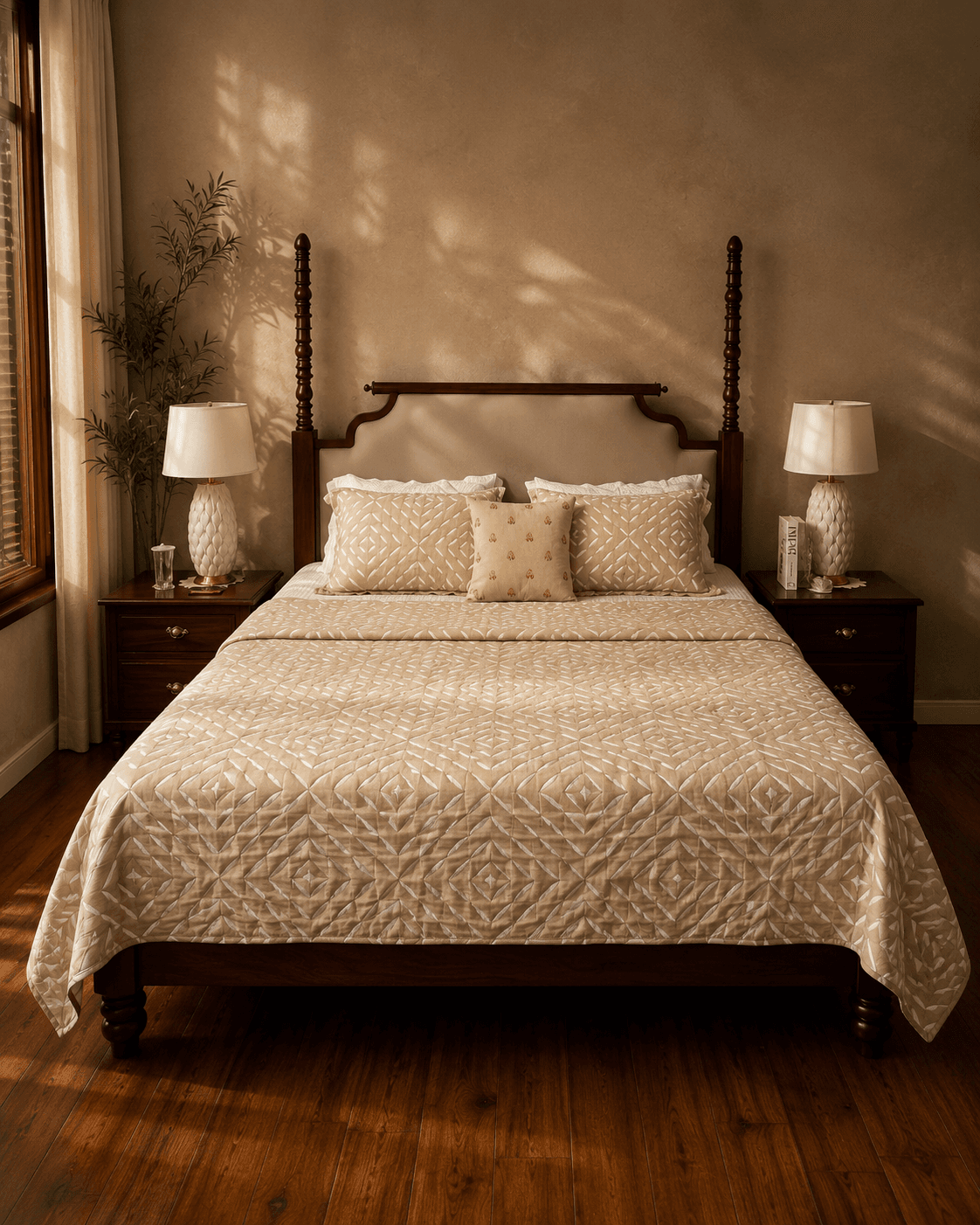 Jacquard Diamond Design Bed Cover - Beige