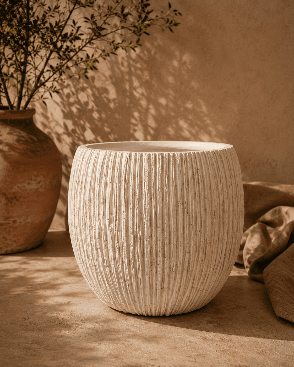 White Ribbed Clay Planter - Small