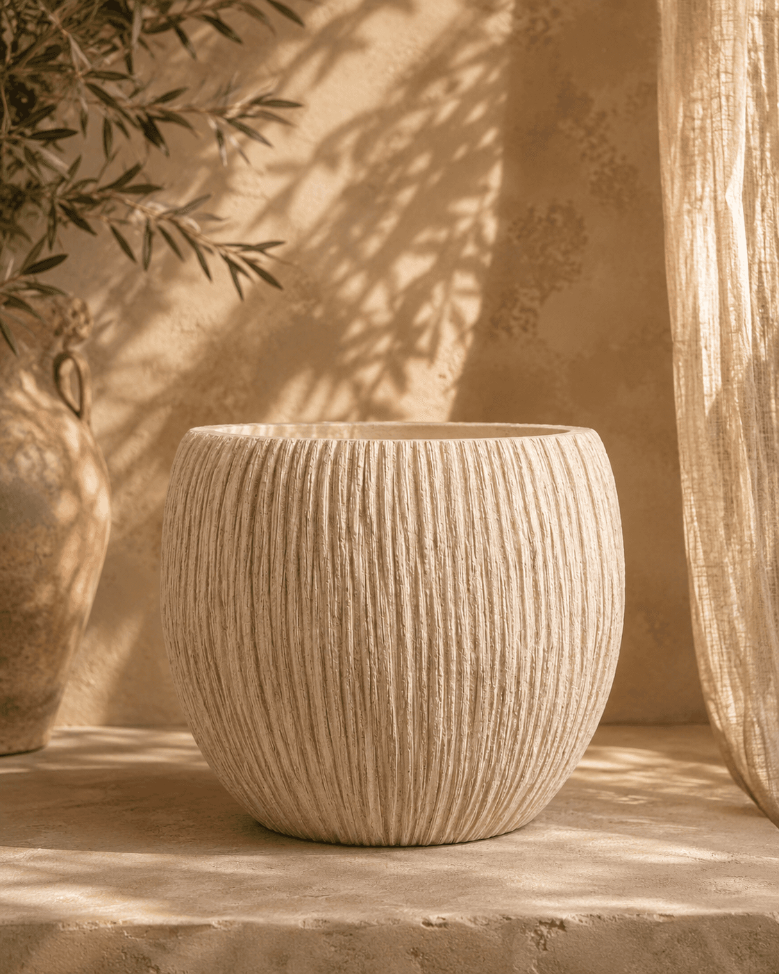 White Ribbed Clay Planter - Medium
