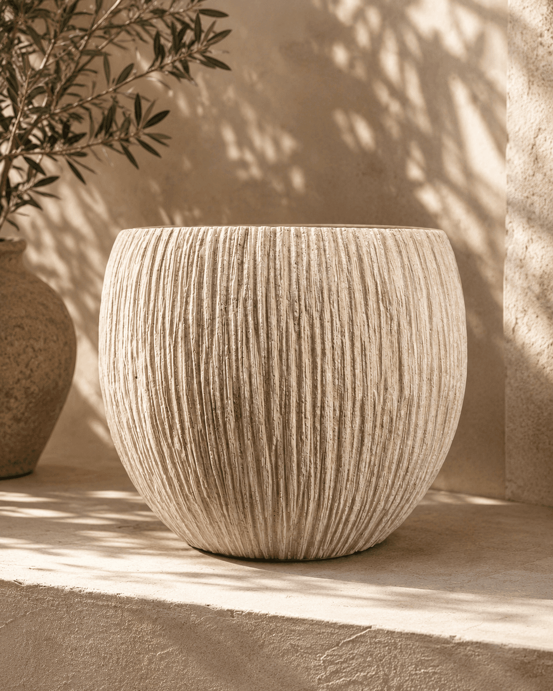 White Ribbed Clay Planter - Medium