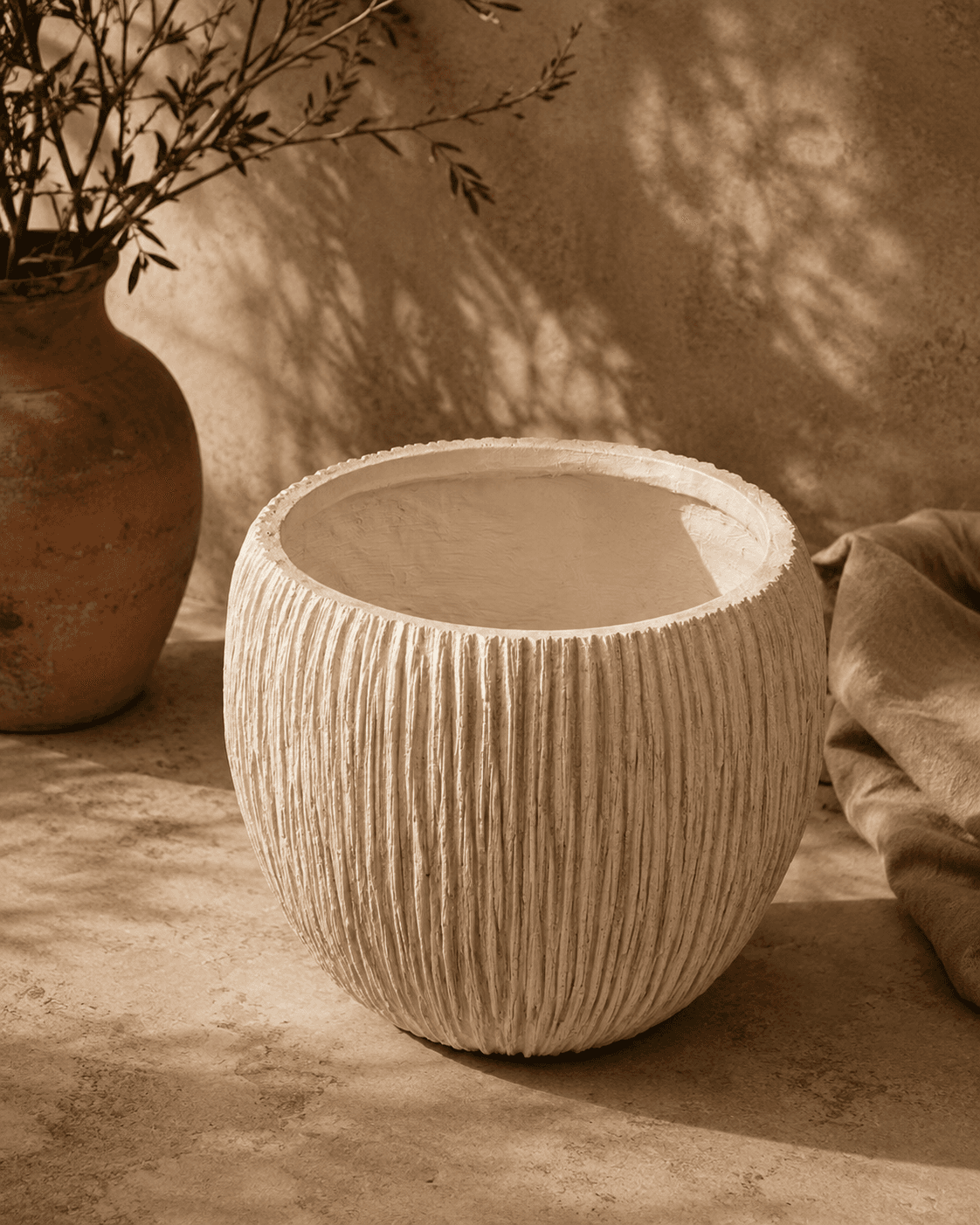 White Ribbed Clay Planter - Medium