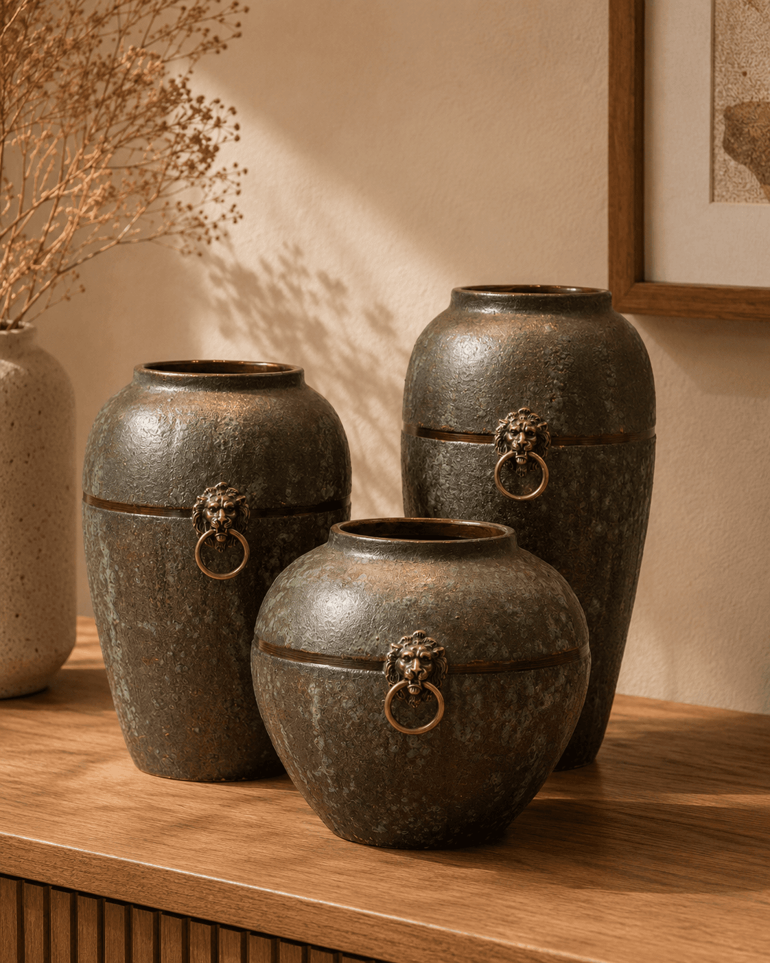 Lion Face Antique-Finish Vase Set – Green (Set of 3)