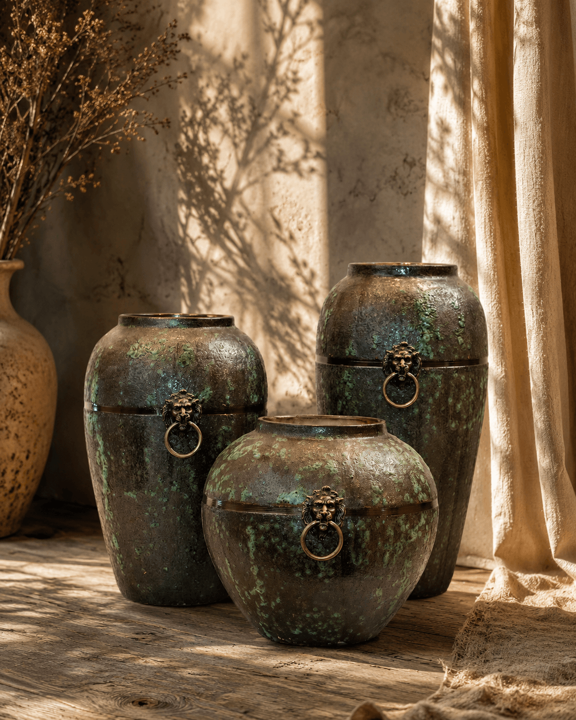 Lion Face Antique-Finish Vase Set – Green (Set of 3)