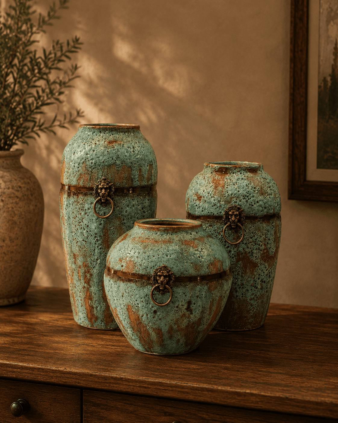 Lion Face Antique-Finish Vase Set – Blue (Set of 3)