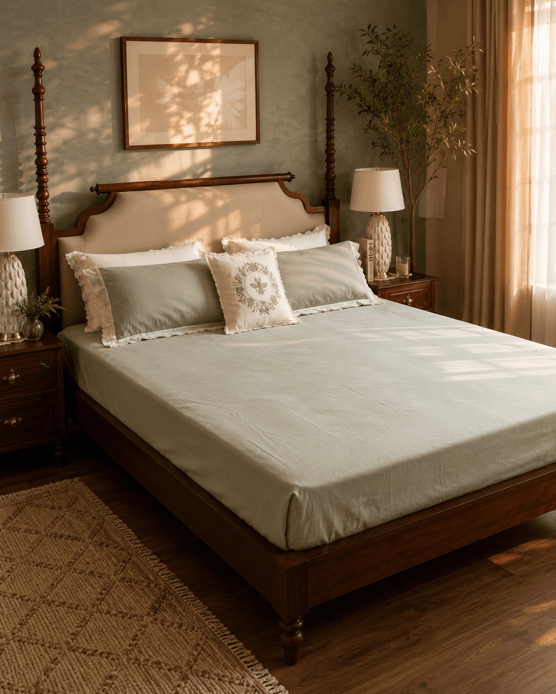 Double Lace Solid Bedsheet - Pastel Green