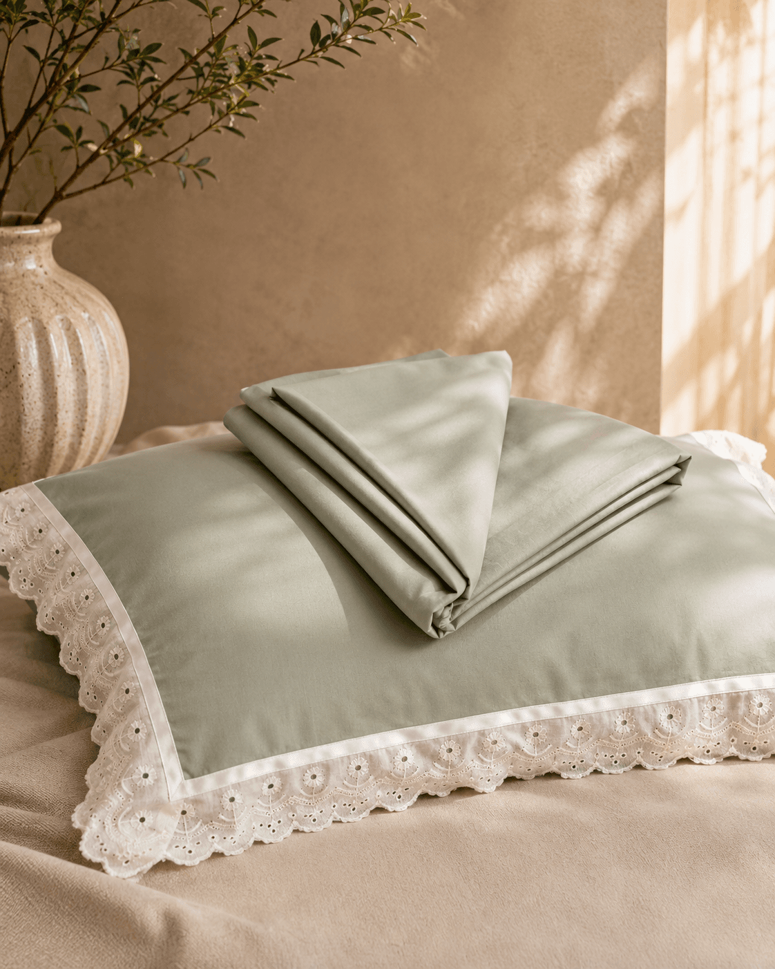 Double Lace Solid Bedsheet - Pastel Green