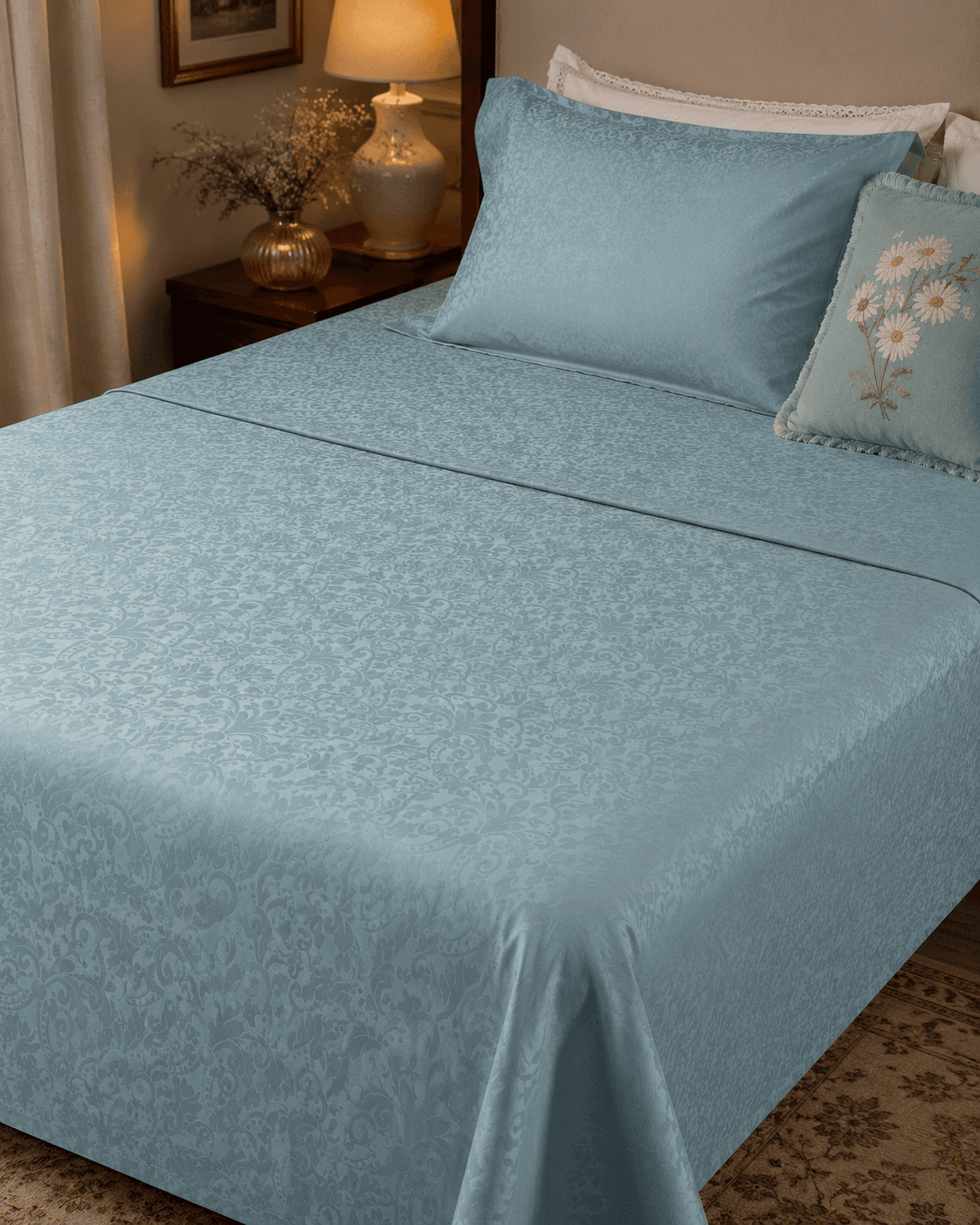 Jacquard Floral Print Bedsheet - Pastel Blue
