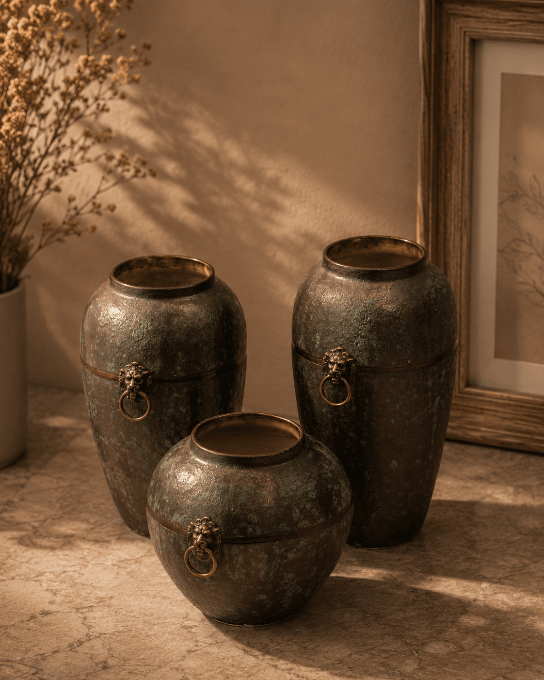 Lion Face Antique-Finish Vase Set – Green (Set of 3)