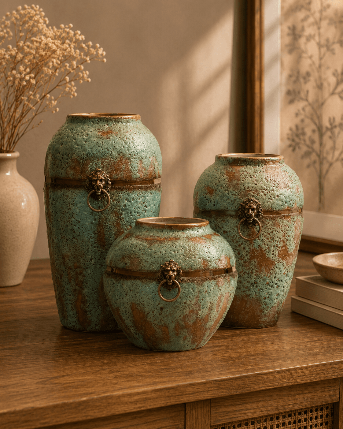 Lion Face Antique-Finish Vase Set – Blue (Set of 3)