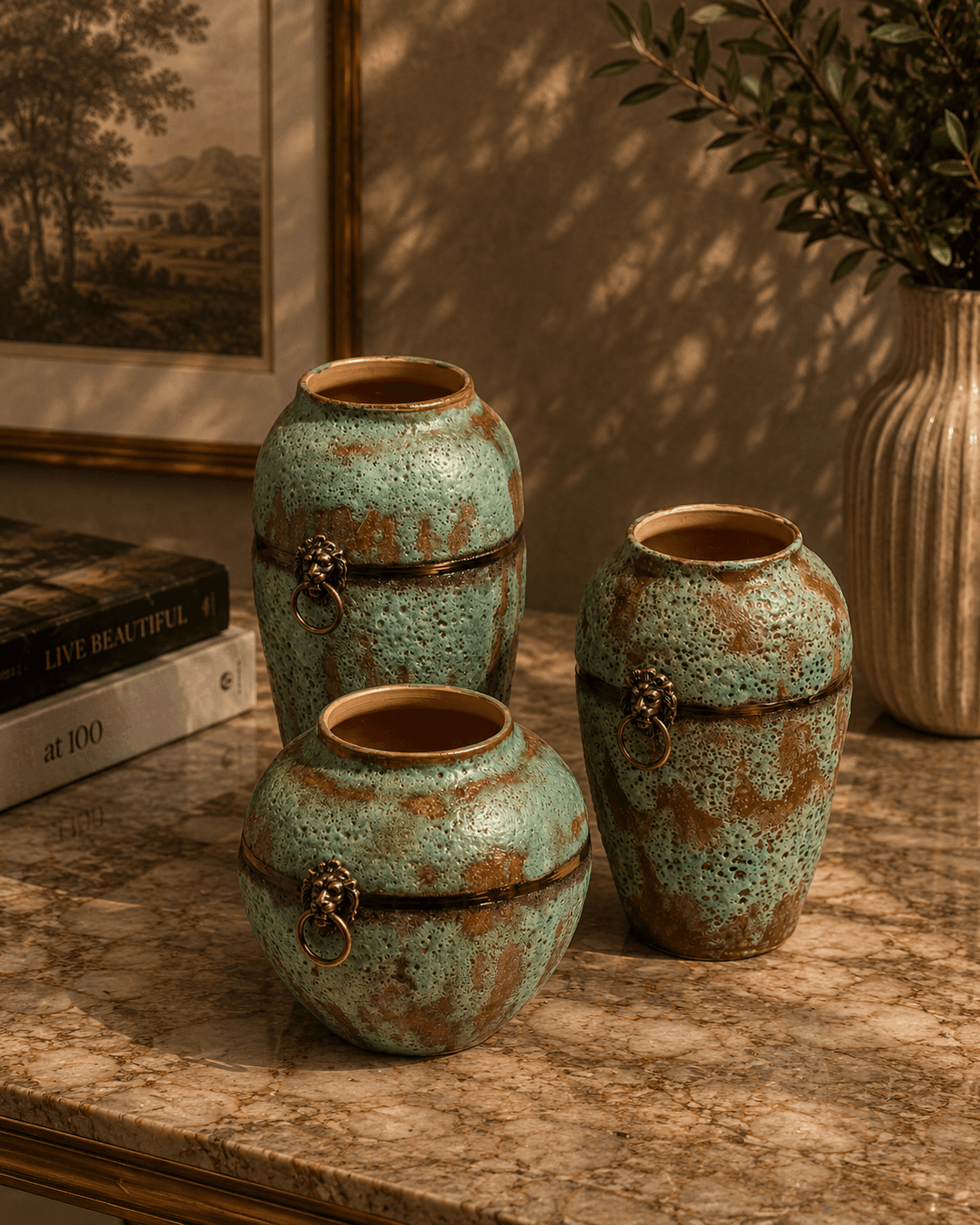 Lion Face Antique-Finish Vase Set – Blue (Set of 3)